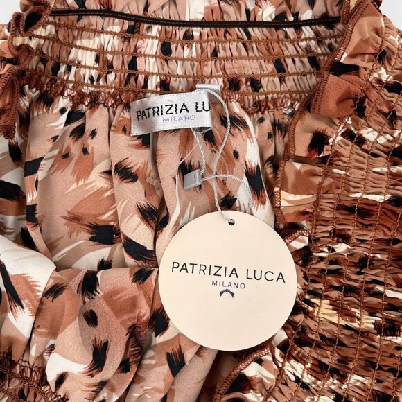 Patrizia Luca Smocked Blouse Size S Brown Animal Print Ruffle Long Sleeve Top - Picture 7 of 8